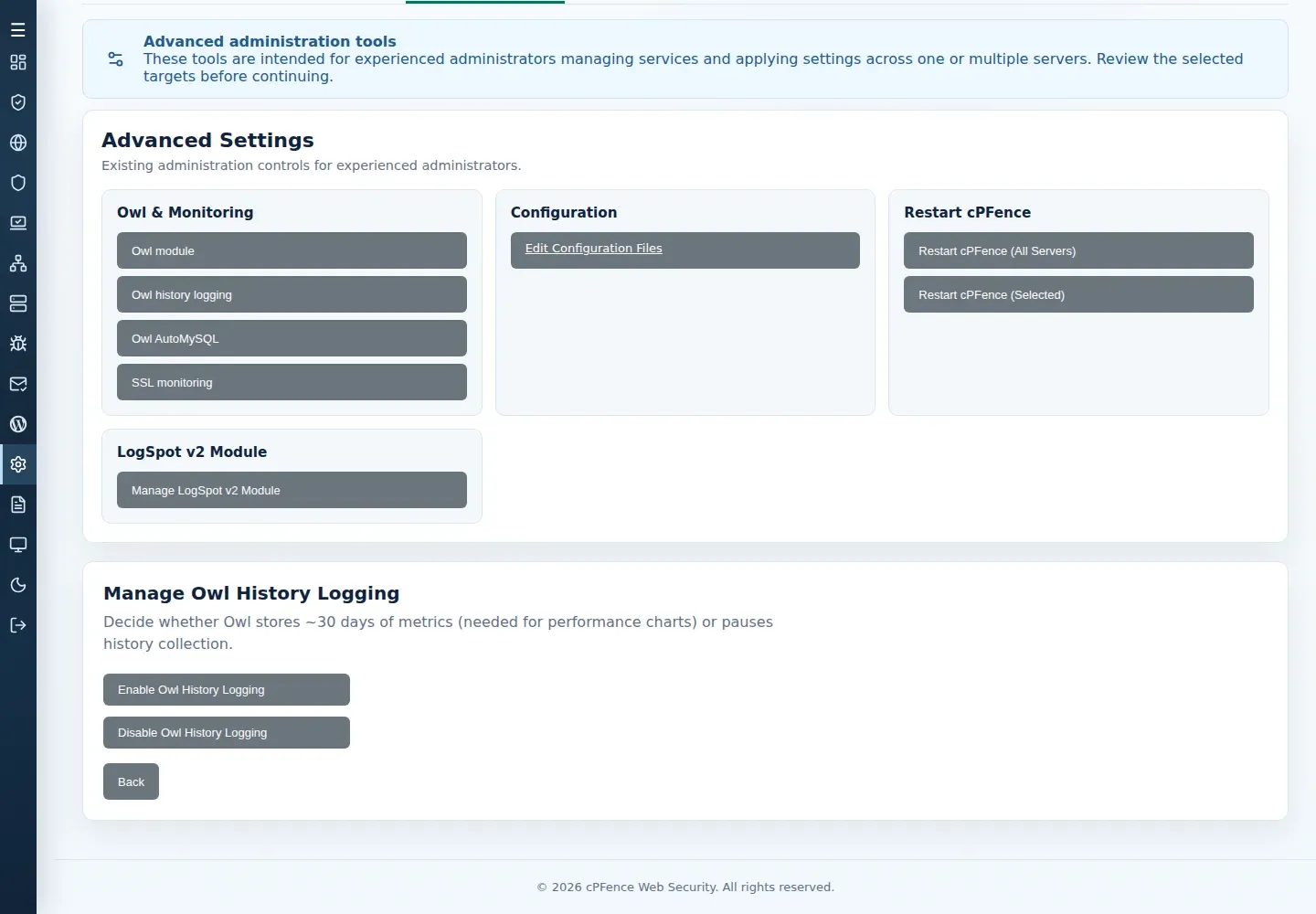 Manage Owl History Logging with Enable Owl History Logging, Disable Owl History Logging and Back controls.