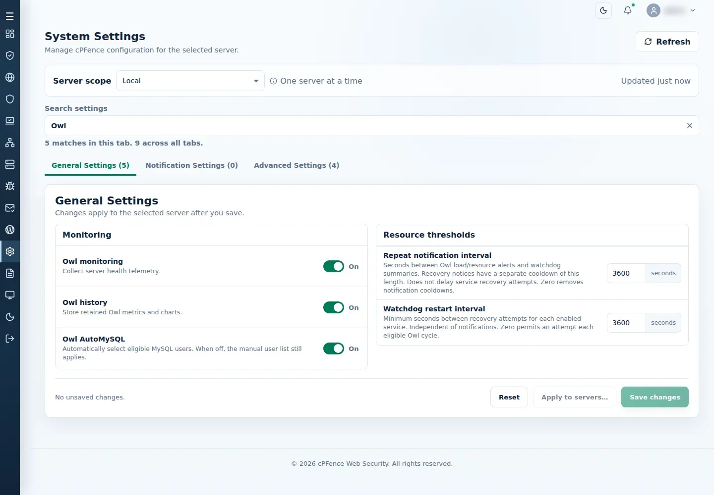 Owl monitoring and Owl history switches in General Settings on Local server scope.
