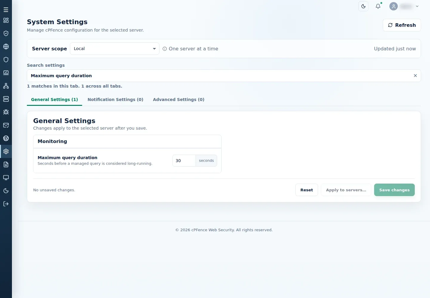 General Settings filtered to Maximum query duration, measured in seconds, on Local server scope.