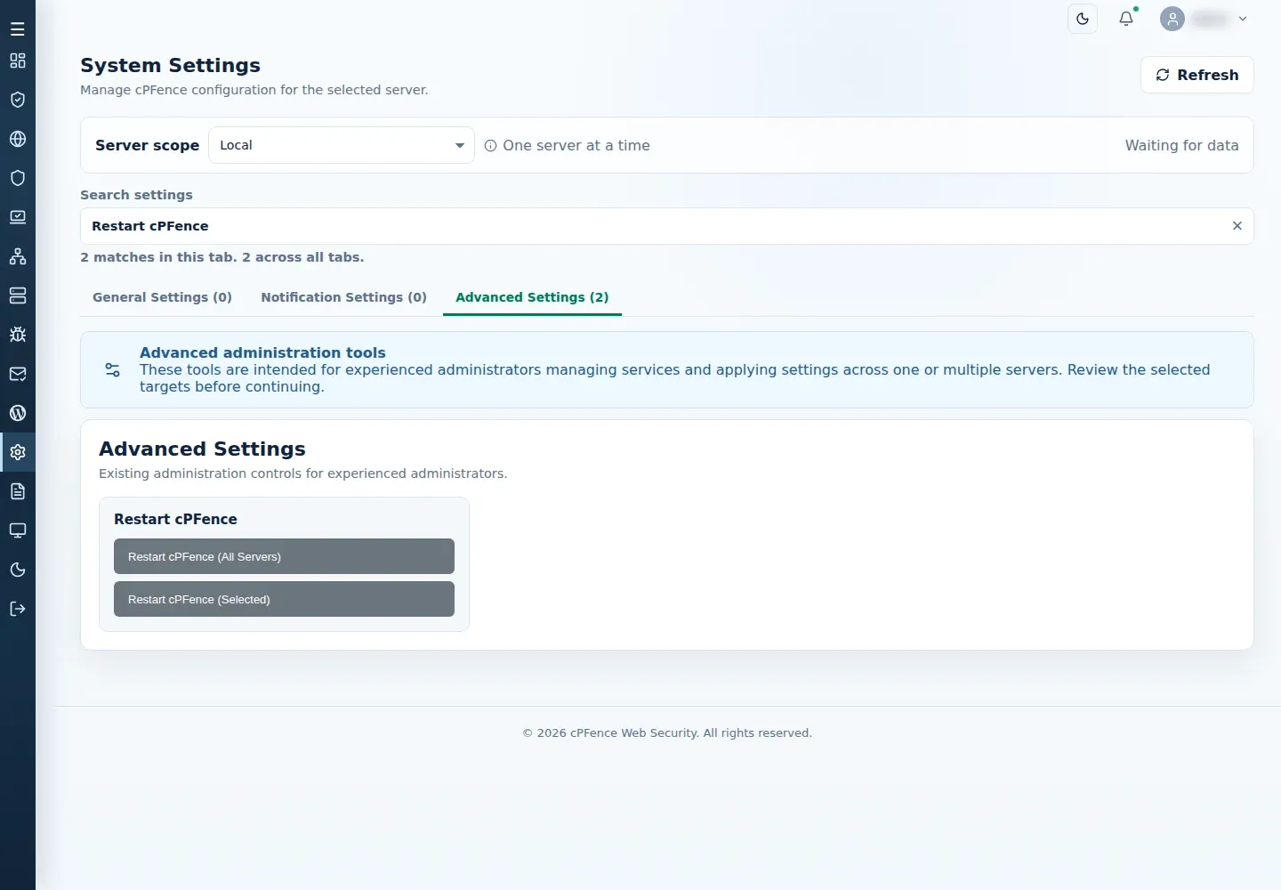 Advanced Settings filtered to Restart cPFence with separate All Servers and Selected entries.