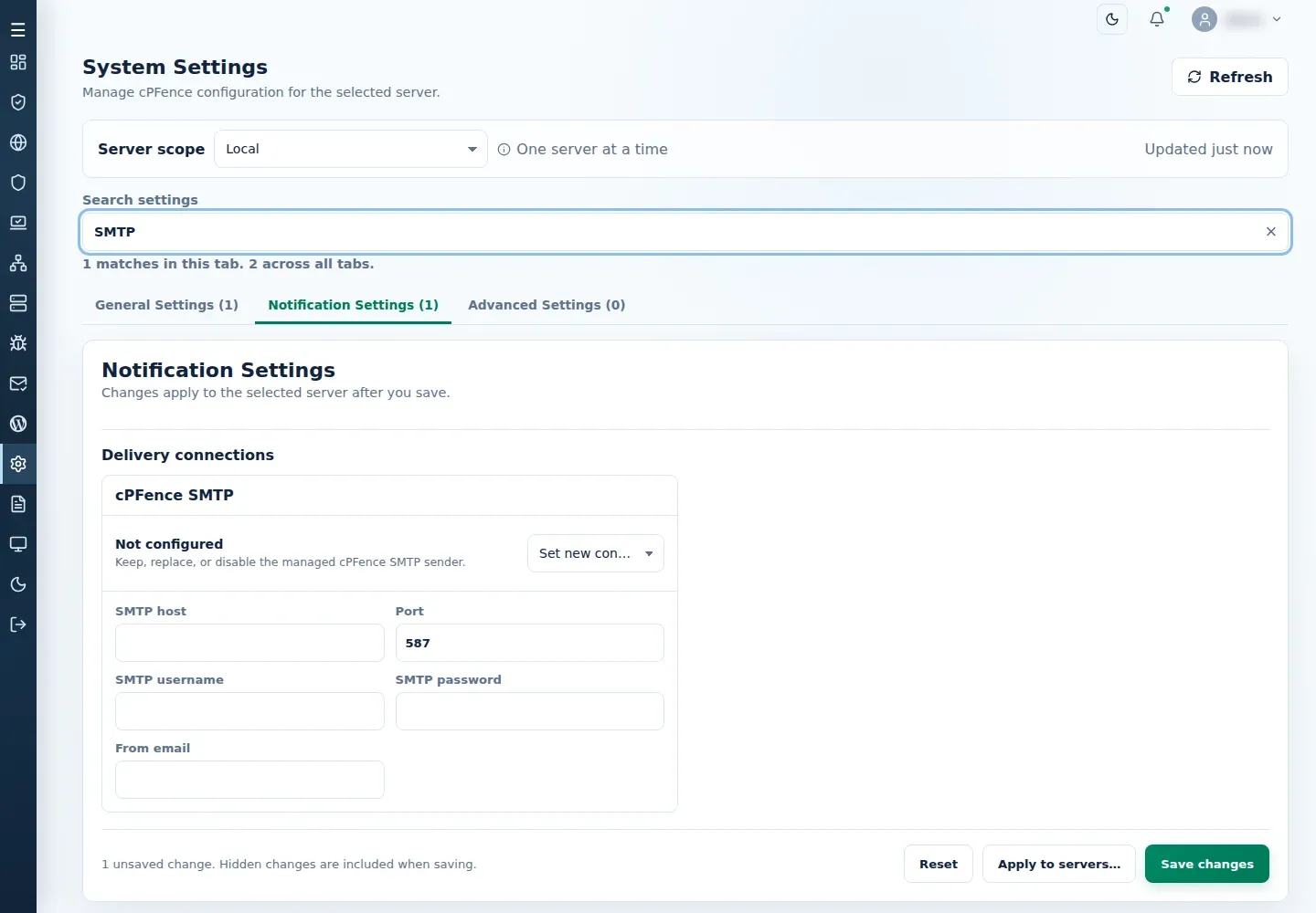cPFence SMTP Set new configuration form with blank SMTP host, username, password and From email fields, and Port set to 587.