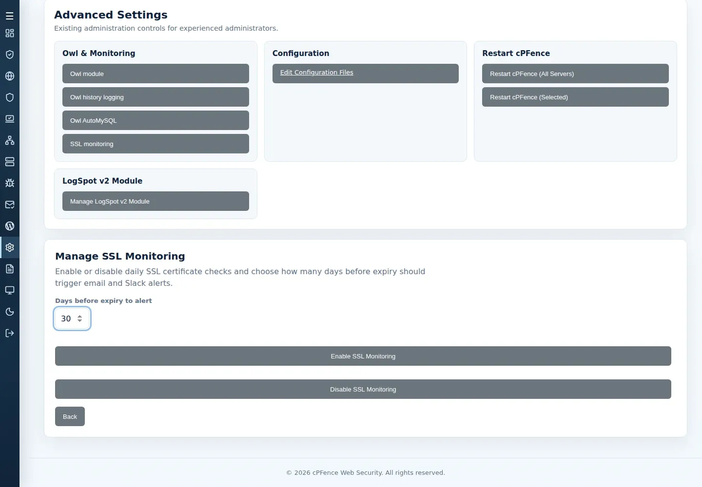 Manage SSL Monitoring with Days before expiry to alert, Enable SSL Monitoring and Disable SSL Monitoring controls.