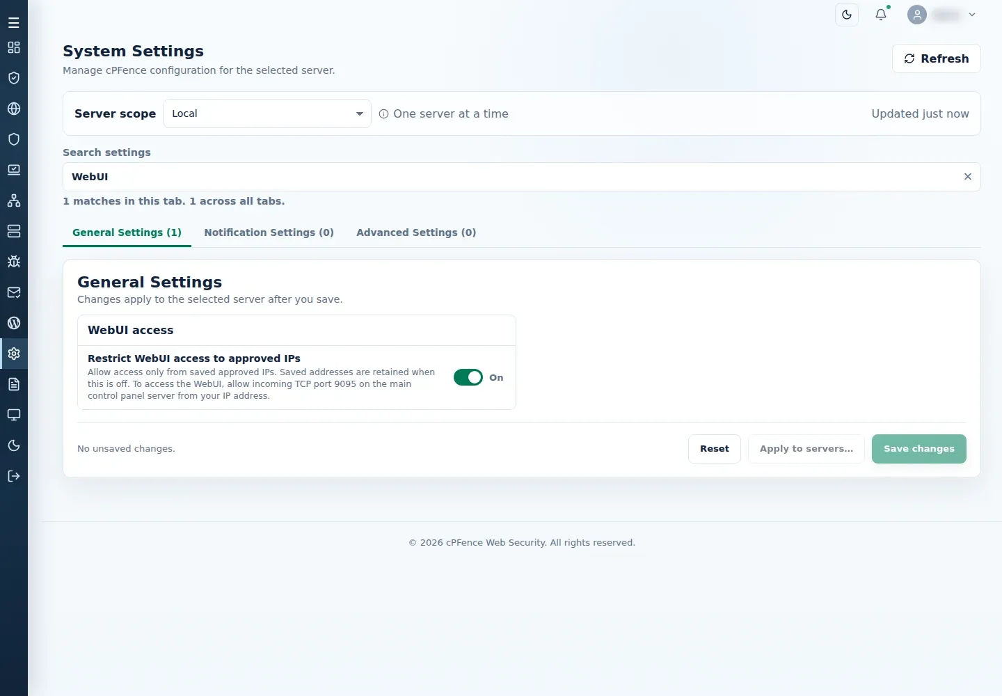 General Settings showing Restrict WebUI access to approved IPs for the selected server, with Save changes.