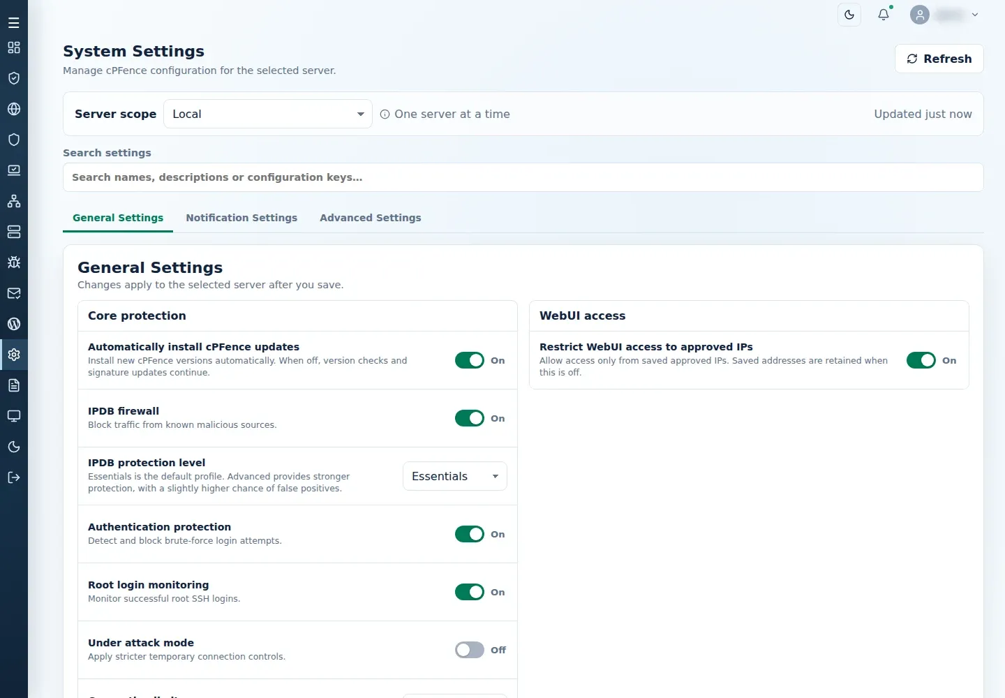 General Settings showing the selected server and Automatically install cPFence updates switch.