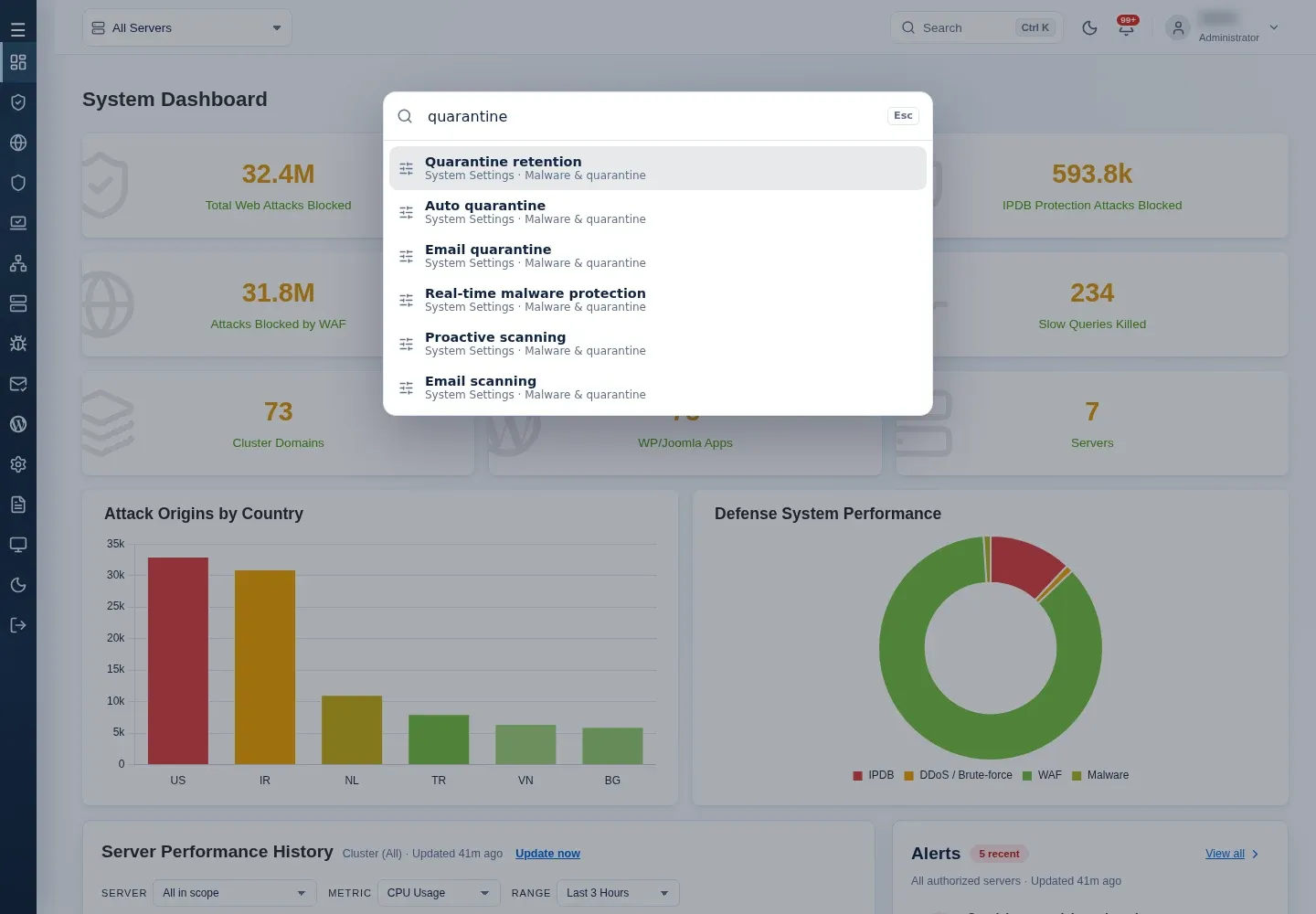 Header search open with results for quarantine settings, above the System Dashboard.