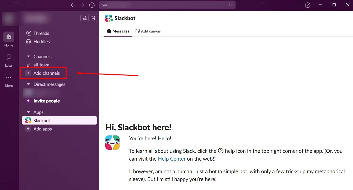 Slack sidebar with Add channels highlighted.