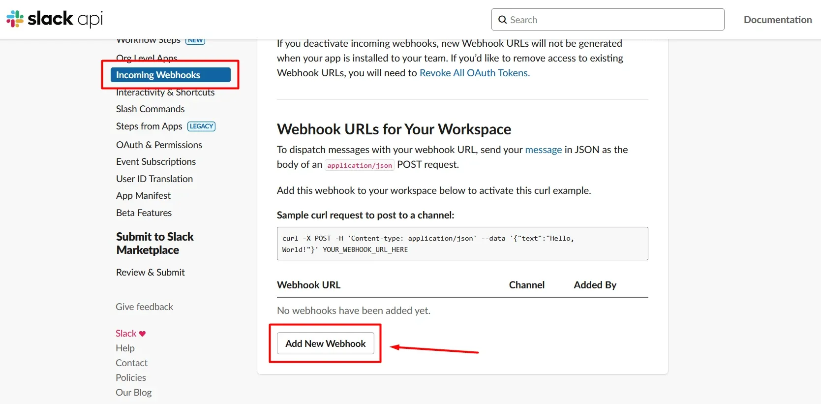Slack Incoming Webhooks page with Add New Webhook highlighted.