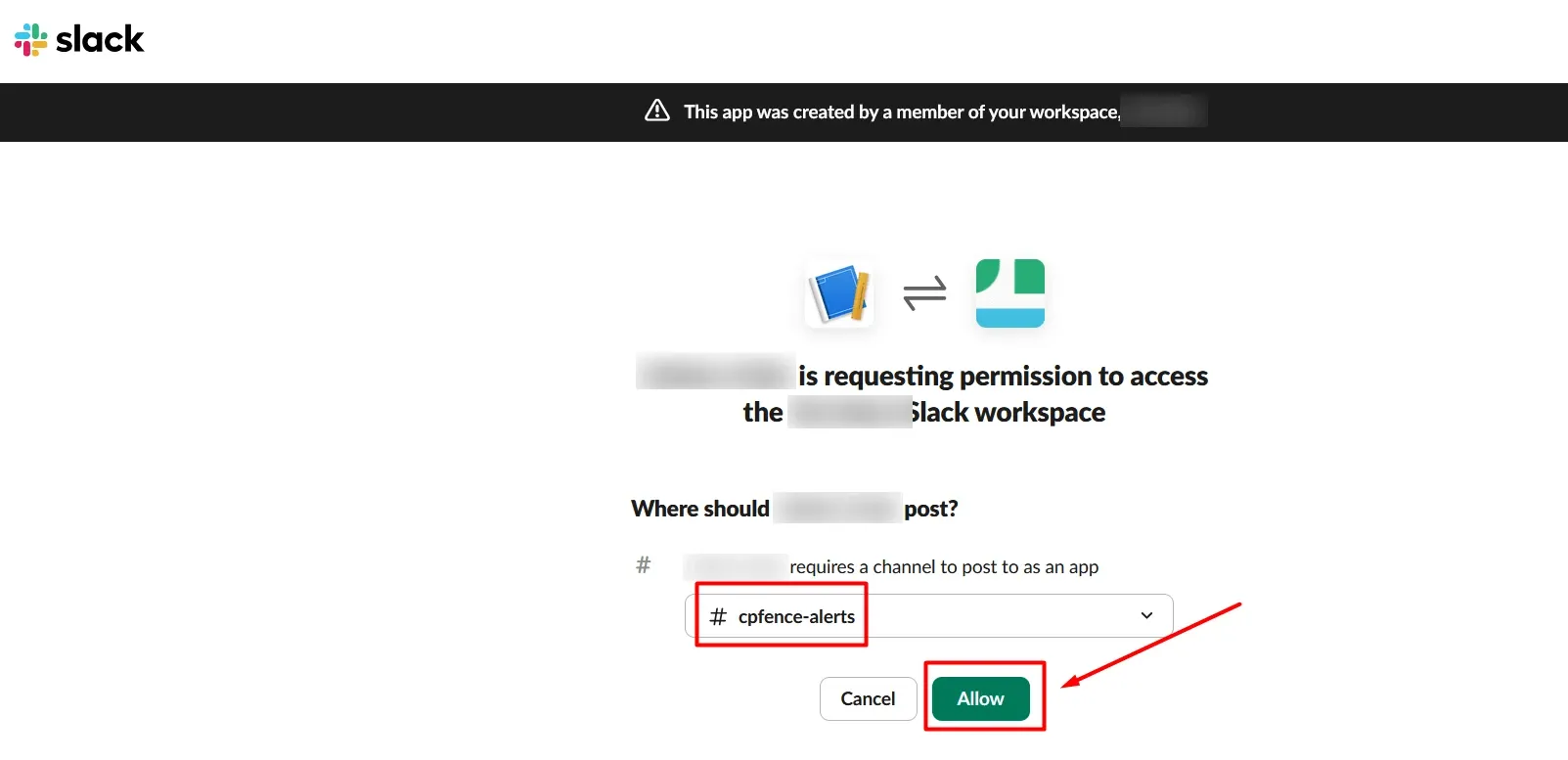 Slack authorization dialog with cpfence-alerts selected and Allow highlighted.