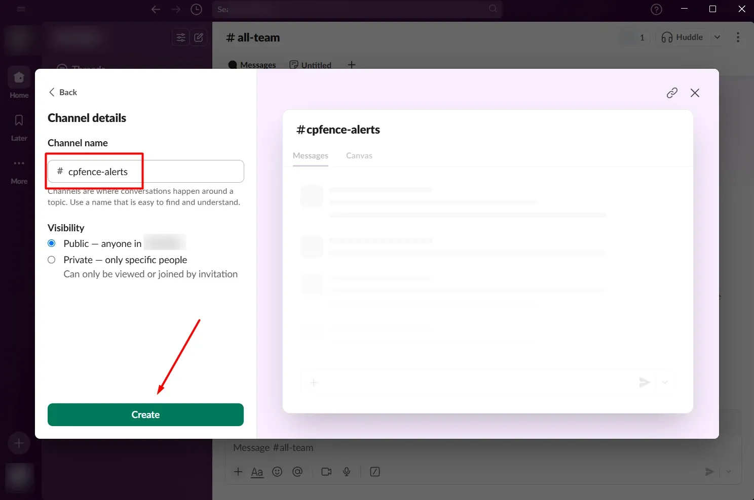 Slack Channel details with cpfence-alerts entered and Create highlighted.