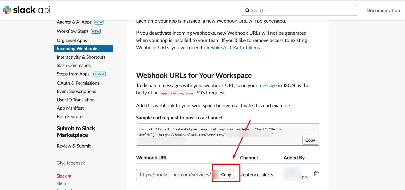 Slack webhook list with the Copy button highlighted and the webhook secret concealed.