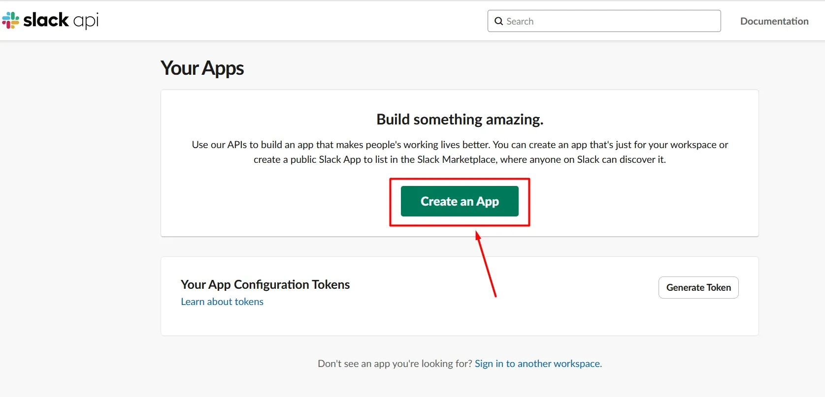 Slack app dashboard with Create an App highlighted.