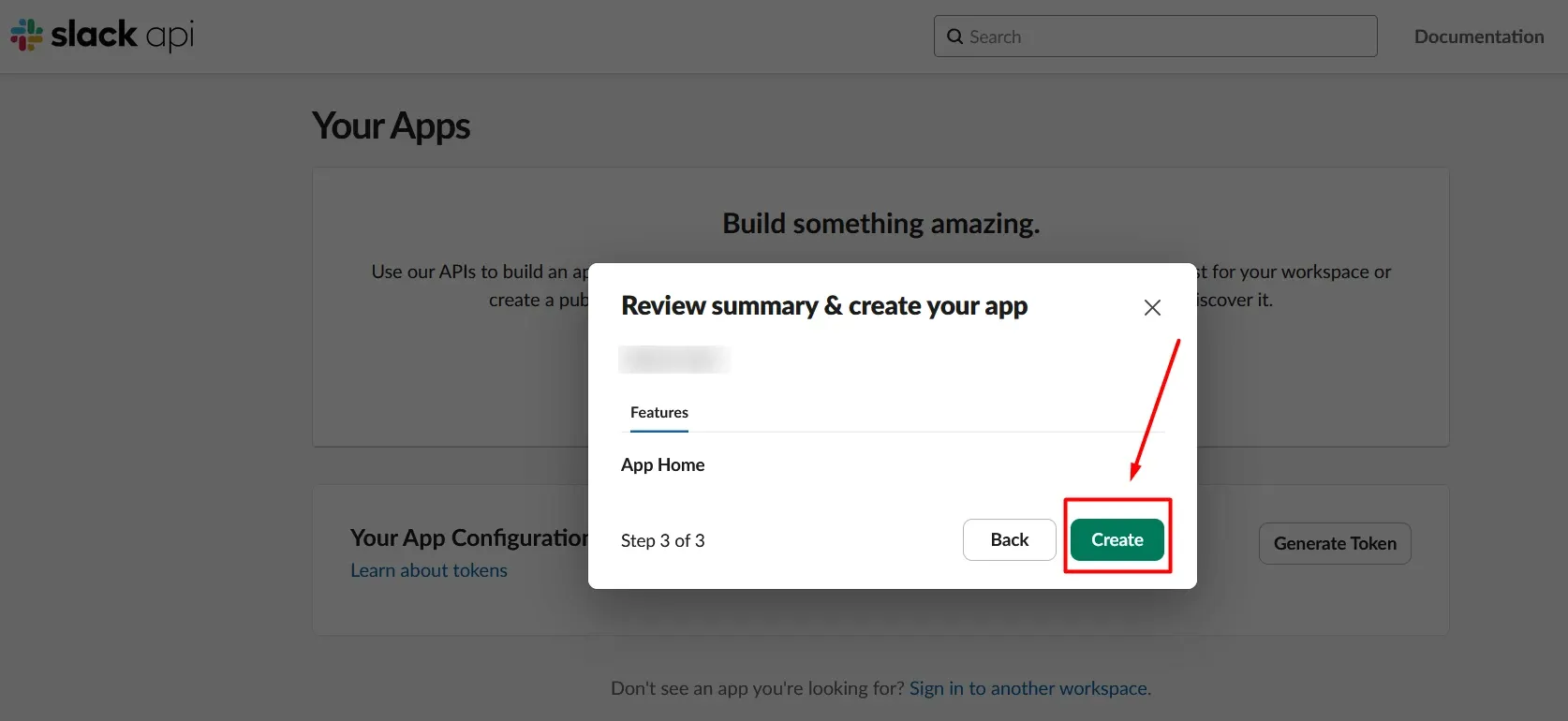 Slack app review summary with Create highlighted.