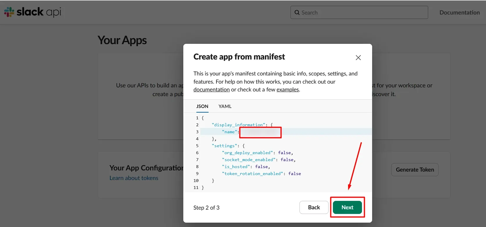 Slack JSON manifest editor with the app name location and Next highlighted.