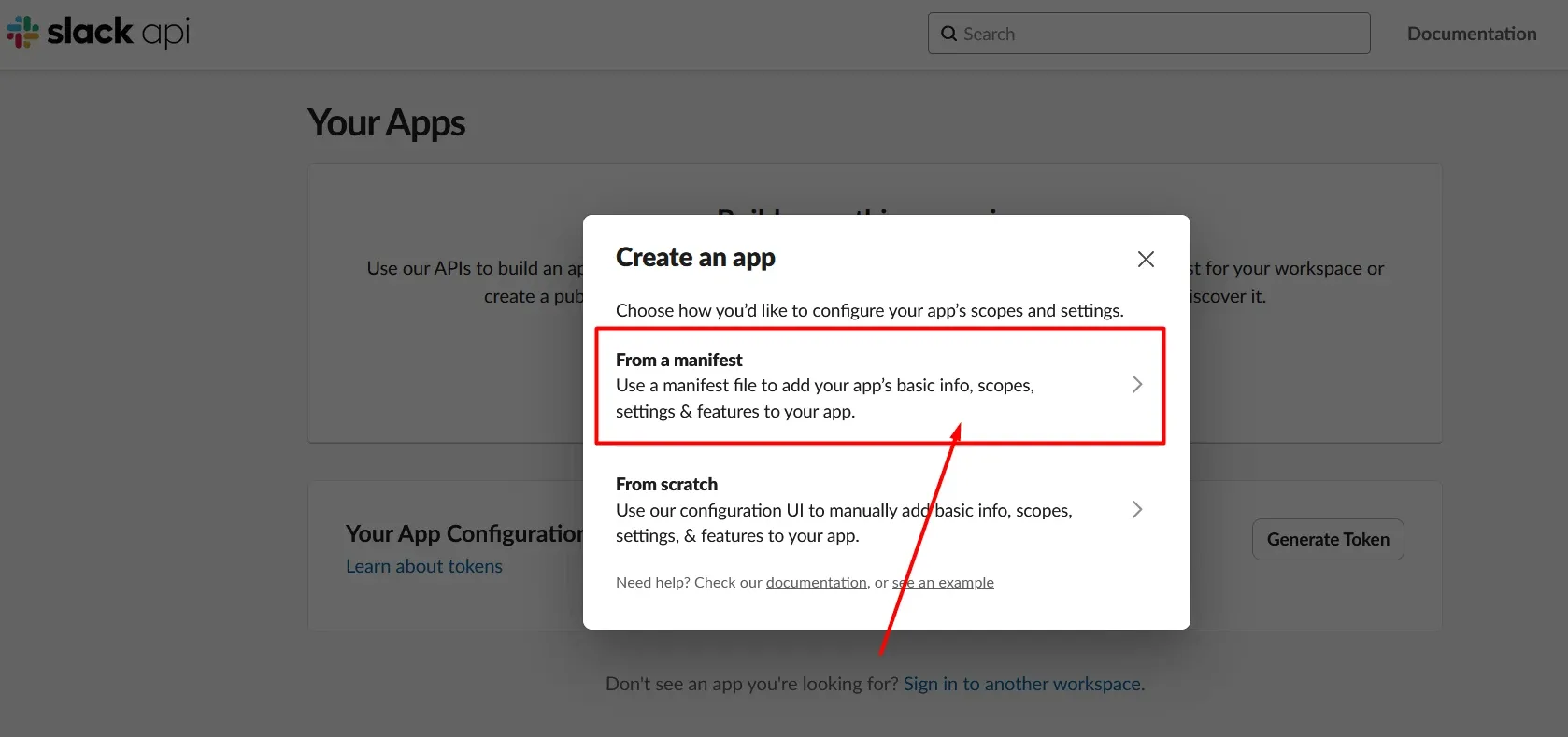 Slack Create an app dialog with From a manifest highlighted.