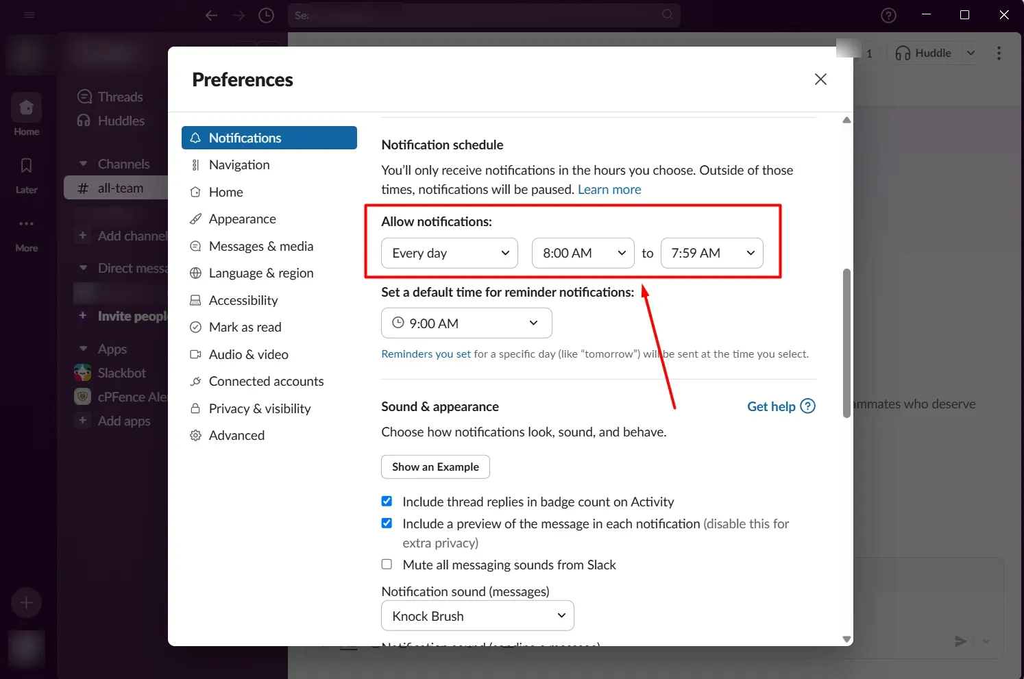 Slack Notifications preferences showing notification schedule and sound controls.
