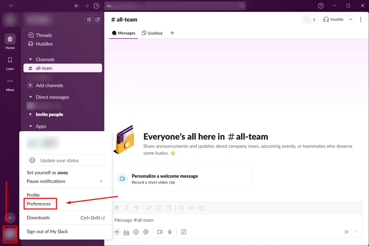 Slack profile menu with Preferences highlighted and account identity concealed.