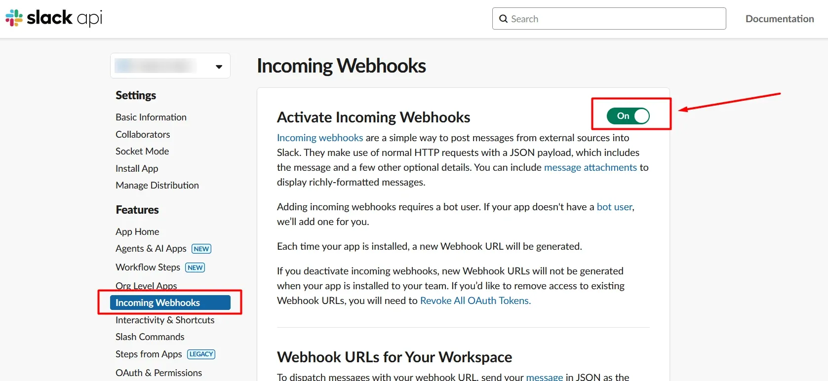 Slack Incoming Webhooks page with Activate Incoming Webhooks switched On.