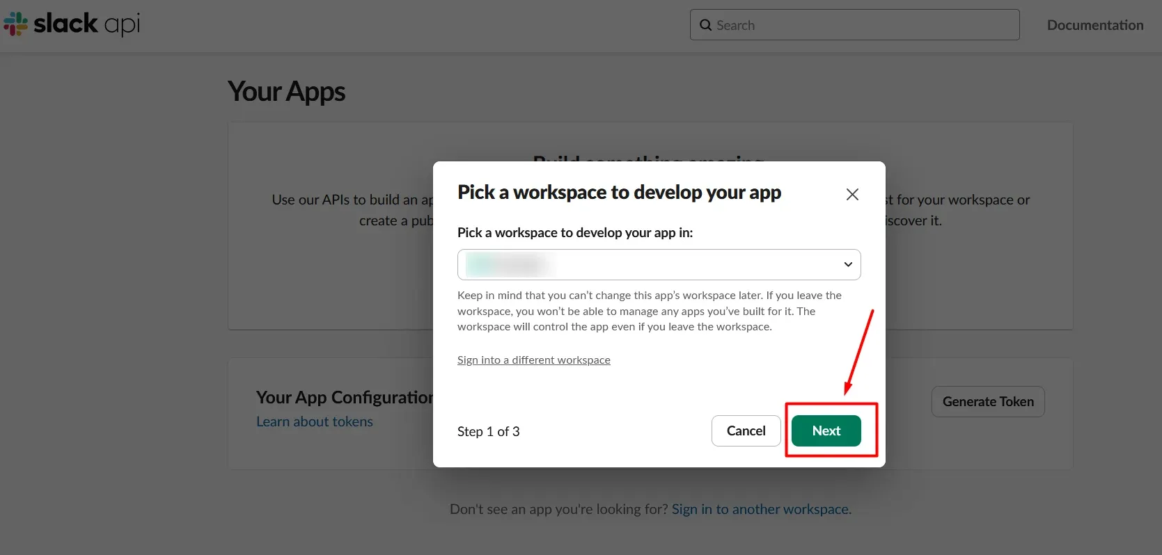 Slack workspace selection dialog with Next highlighted and workspace identity concealed.