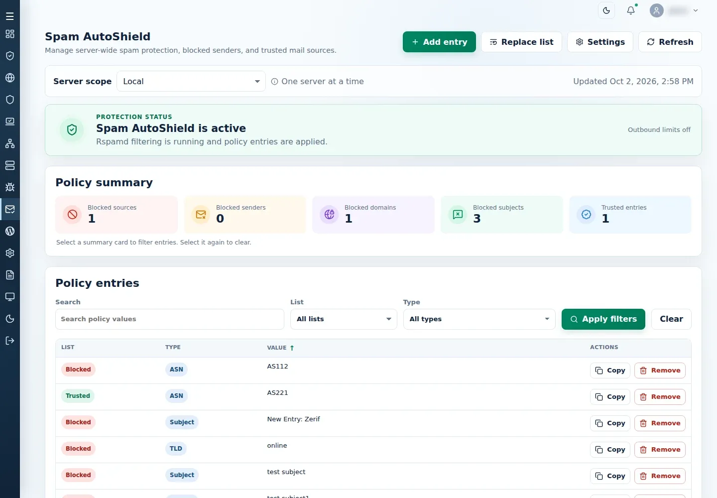 Spam AutoShield with protection status, policy entries and Add entry, Replace list and Settings controls