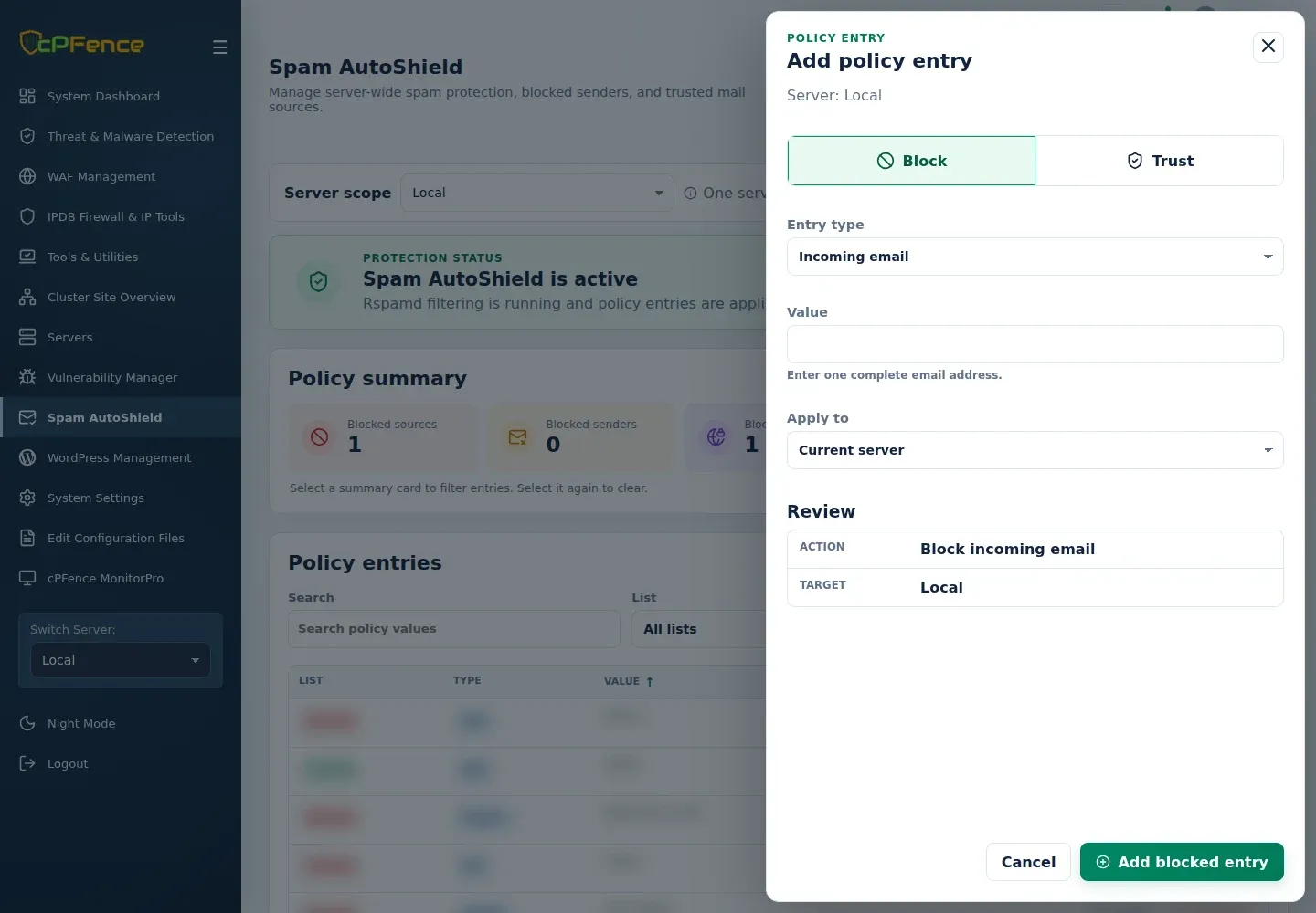Spam AutoShield Block Incoming email form with blank Value, complete-address helper, Current server target and Review summary.