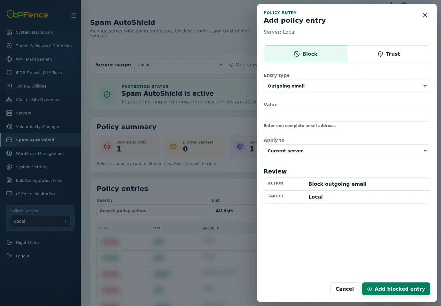 Spam AutoShield Block Outgoing email form with blank Value, complete-address helper, Current server target and Review summary.