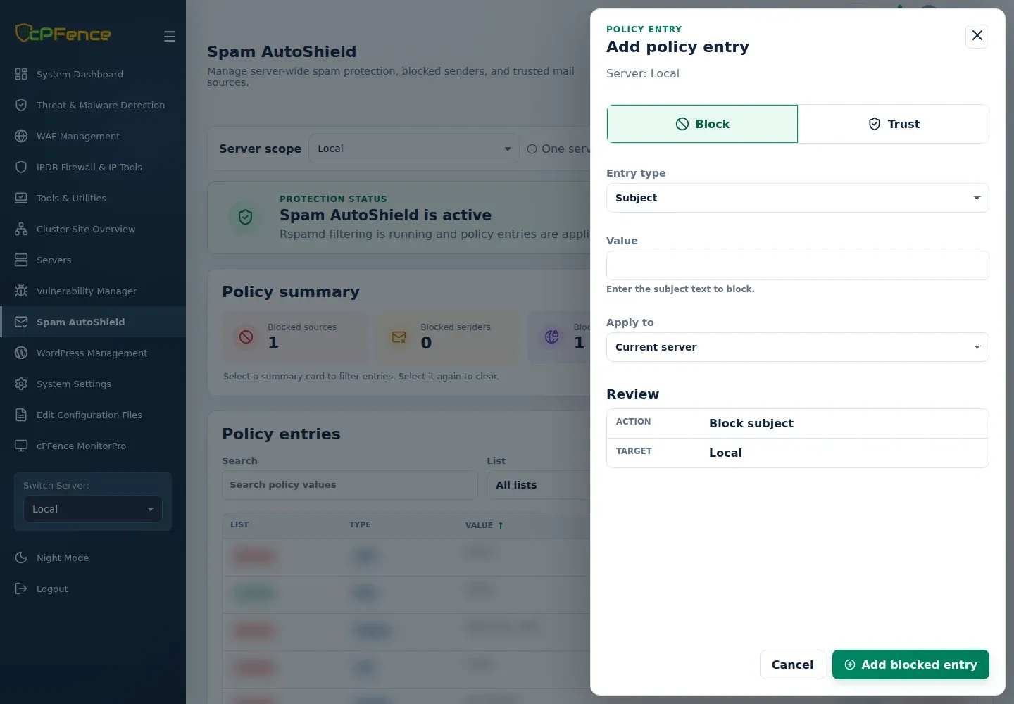 Spam AutoShield Block Subject form with blank Value, subject-text helper, Current server target and Review summary.