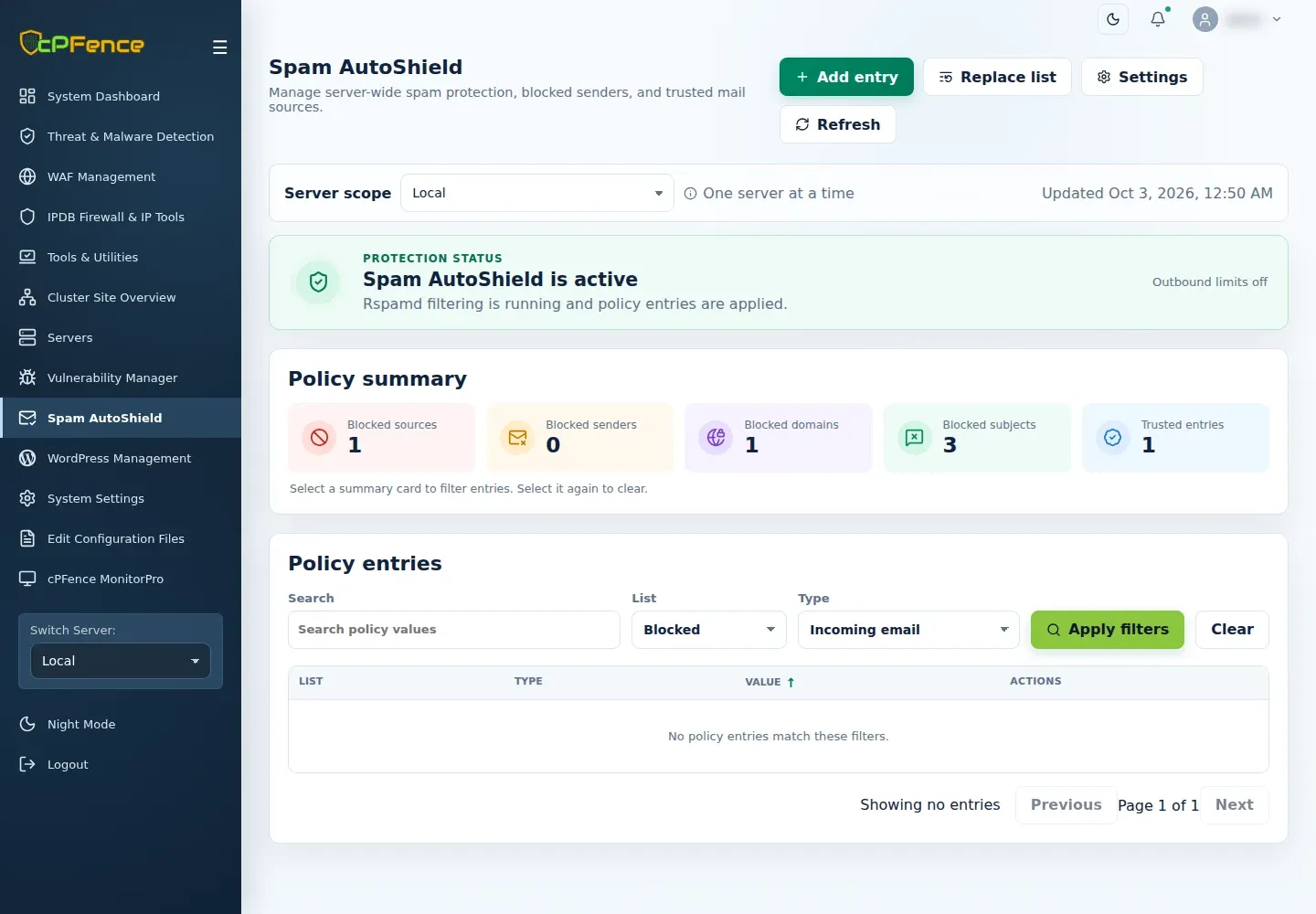 Spam AutoShield policy table filtered to Blocked and Incoming email on Local, with no matching entries.