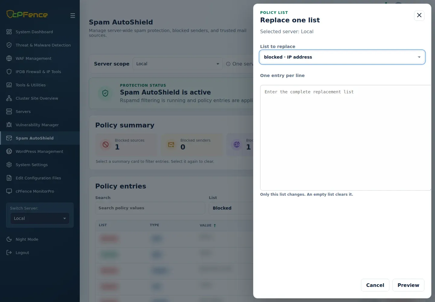 Replace one list form with Local server, List to replace, empty One entry per line field, empty-clears warning, Cancel and Preview.
