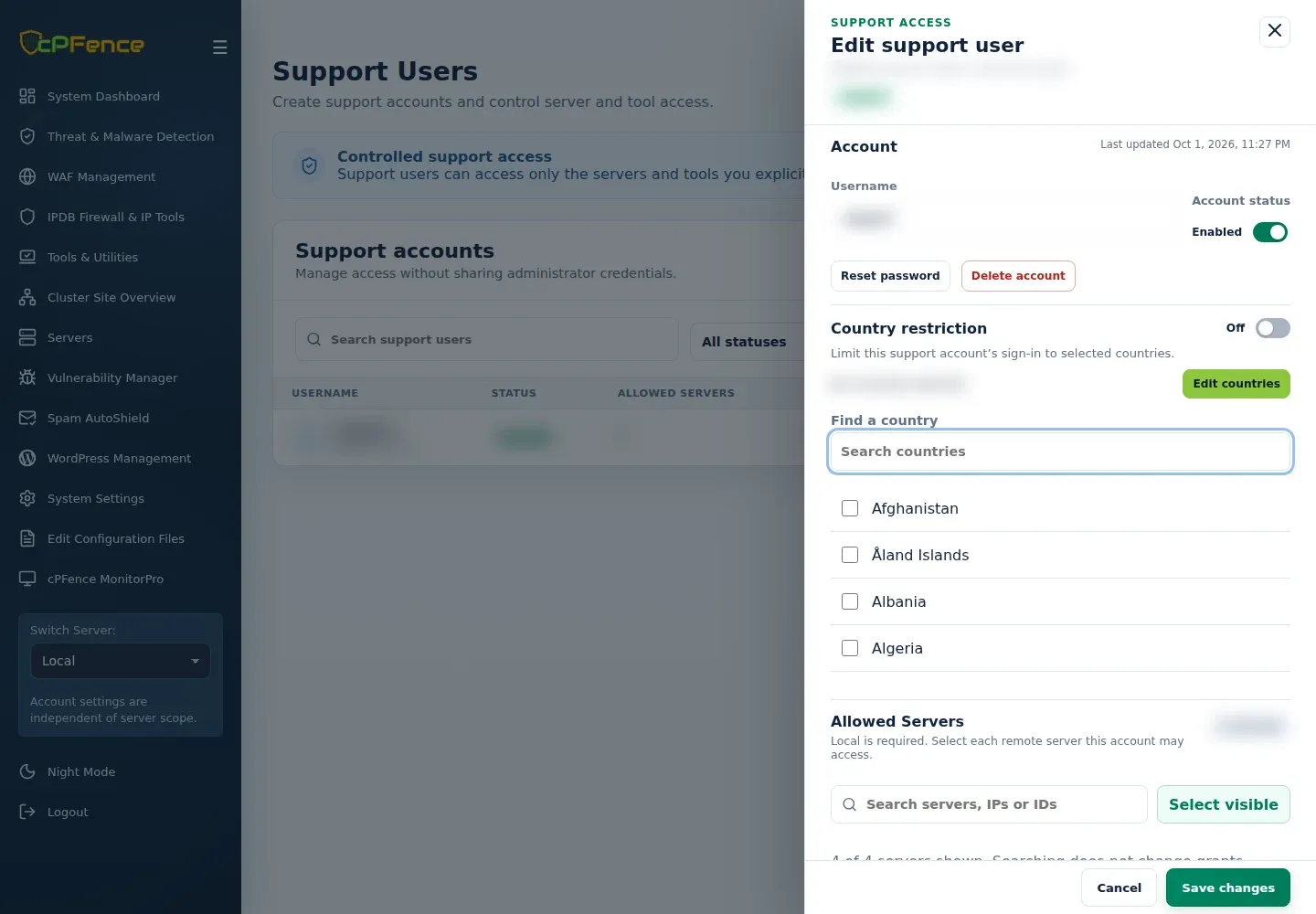 Edit support user drawer with Edit countries expanded inline to show Find a country and country checkboxes.