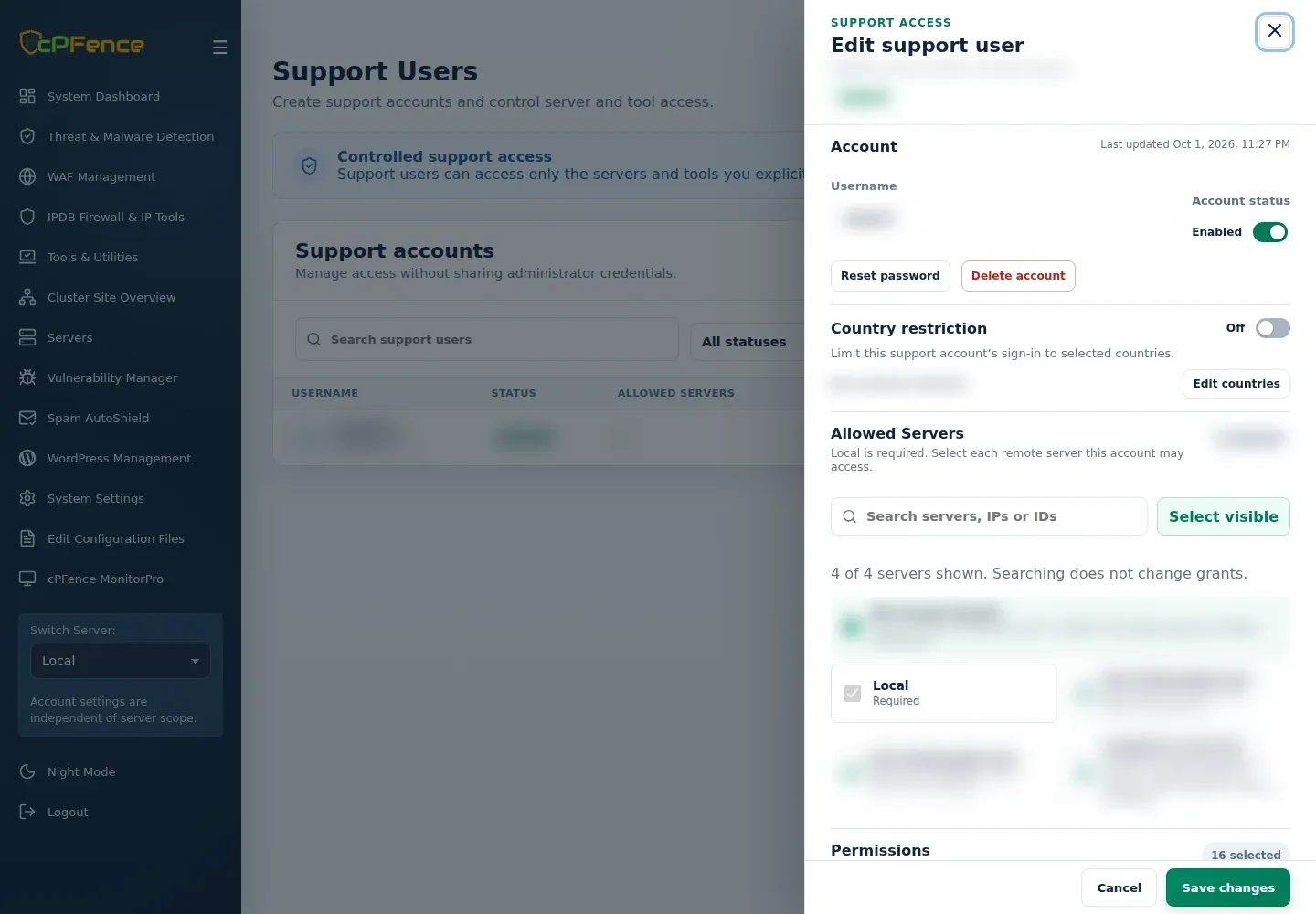 Edit support user drawer with Account status, Reset password, Delete account, Country restriction and Allowed Servers.