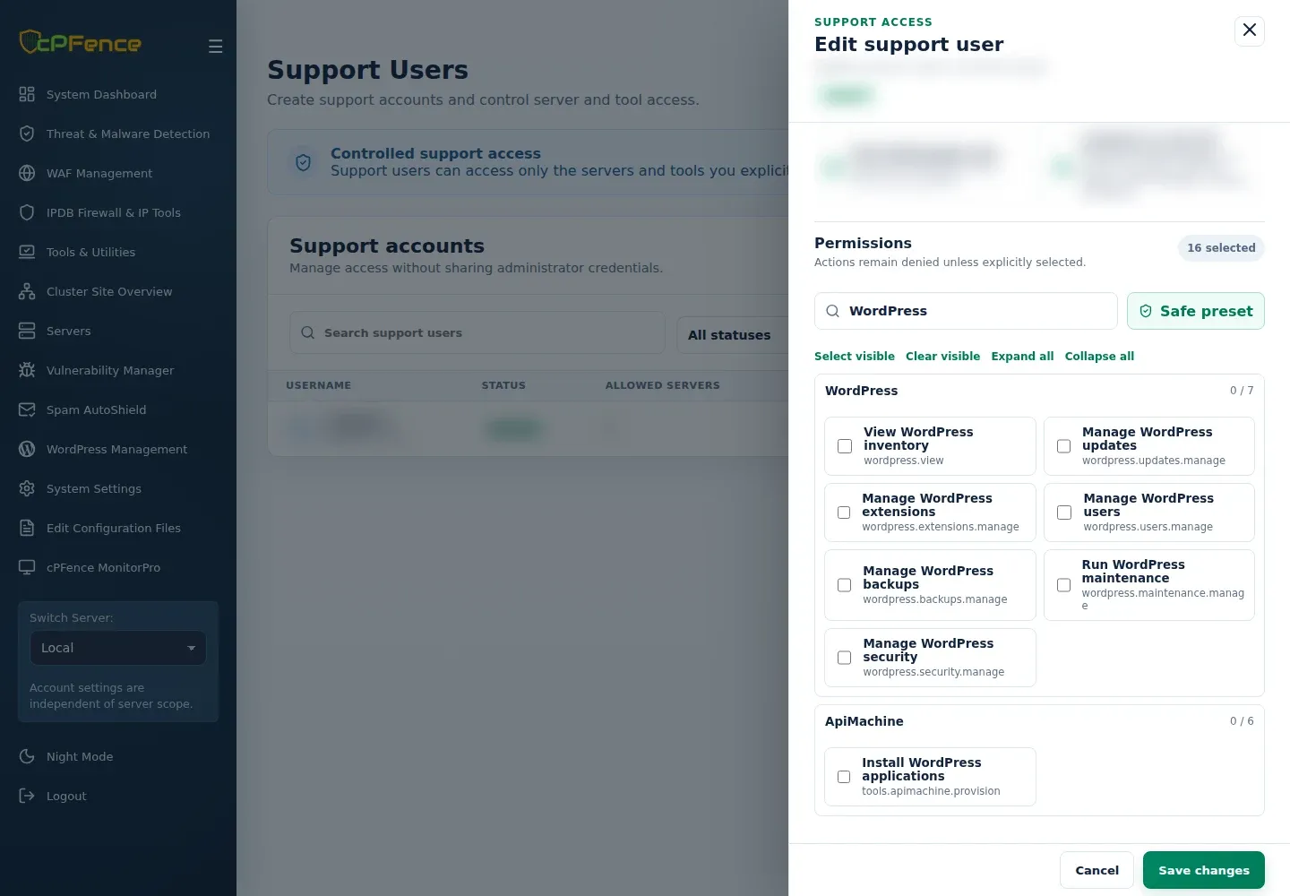 Existing support-account permission editor filtered to WordPress, showing permission checkboxes and Safe preset.