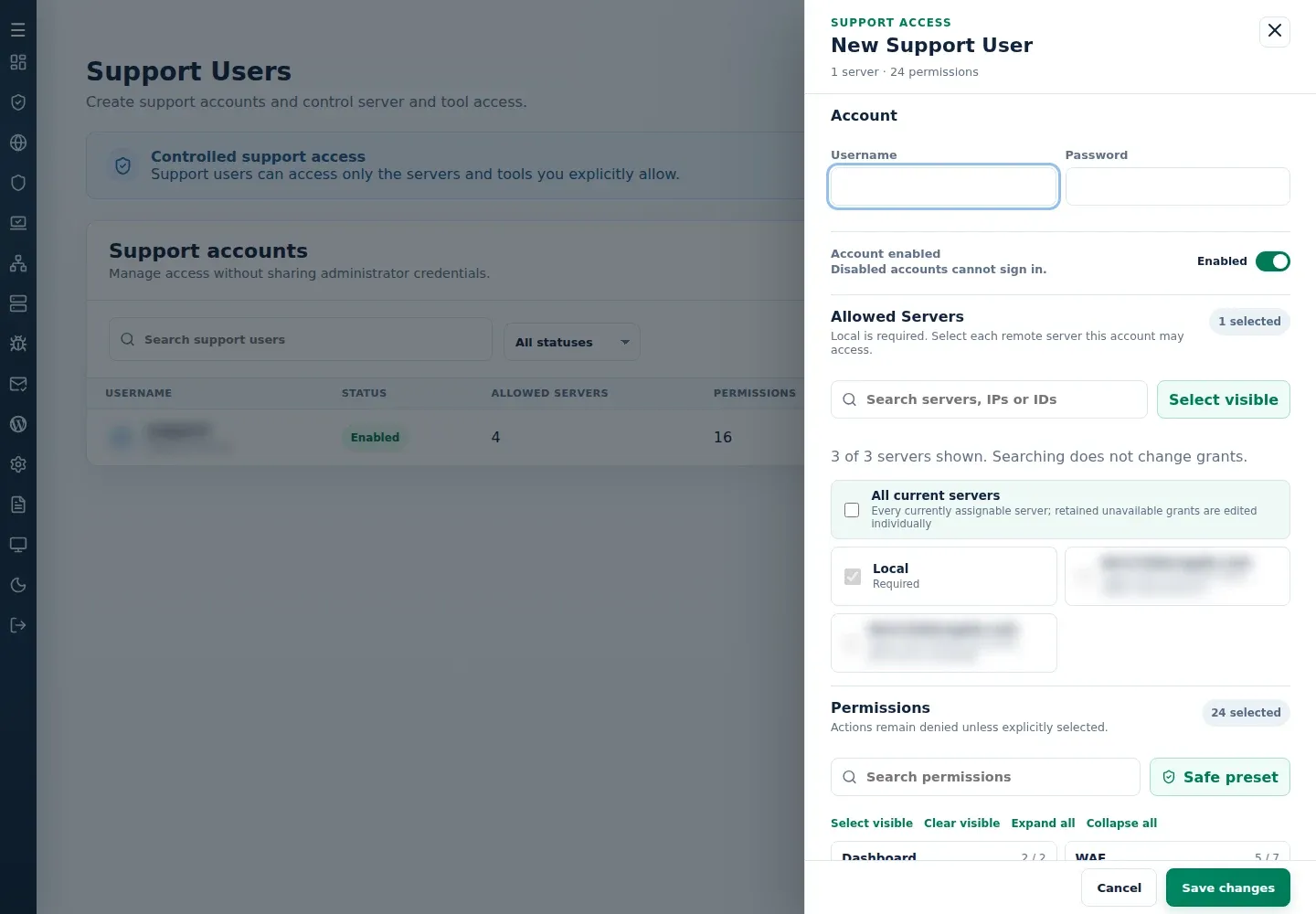 New Support User drawer showing account, allowed servers, and searchable permission groups.