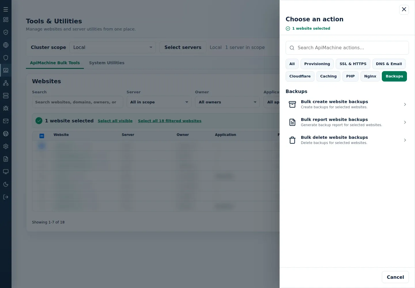 Backups action menu showing Bulk create website backups.