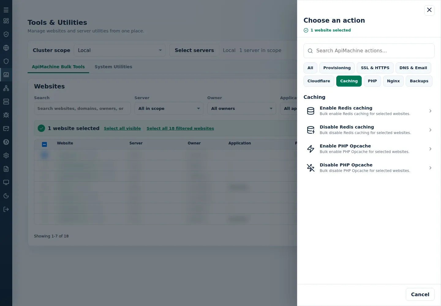 Caching action menu showing Enable Redis caching and Disable Redis caching.