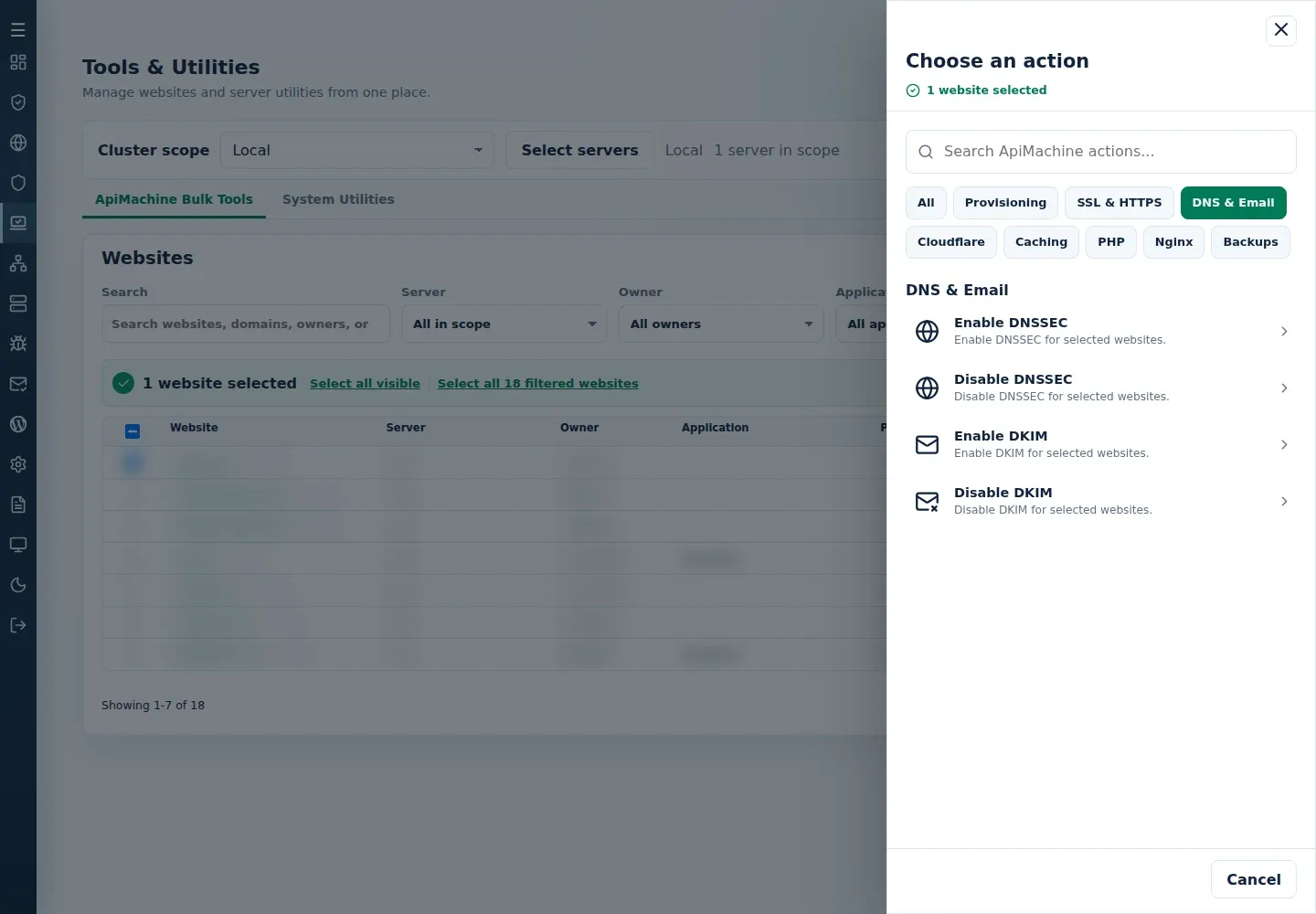 DNS and Email action menu showing Enable DKIM and Disable DKIM.