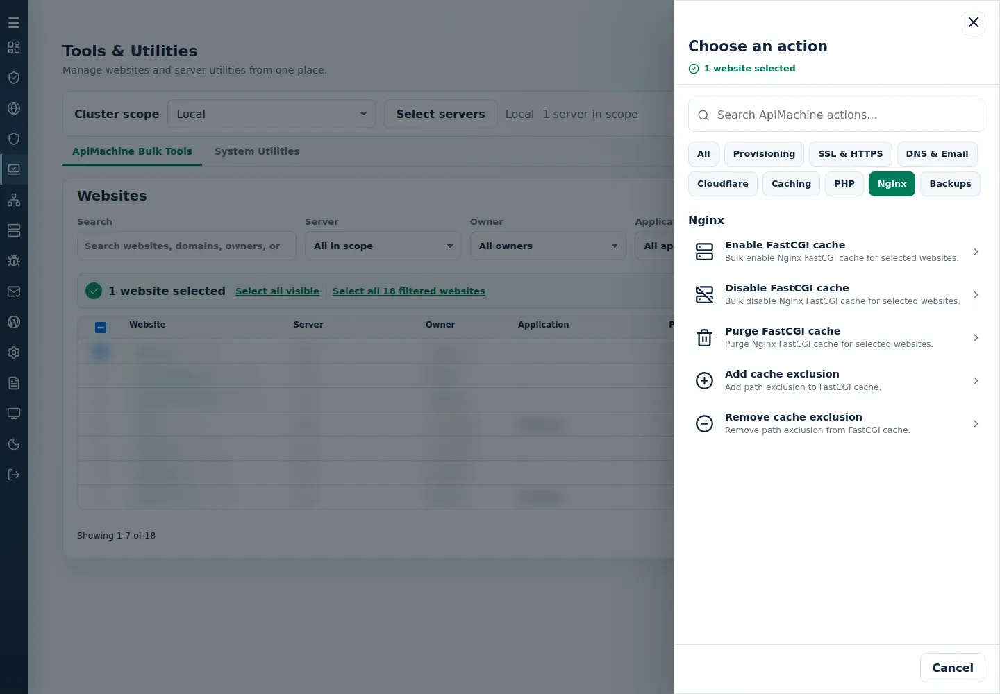 Nginx action menu showing Enable FastCGI cache and Disable FastCGI cache.