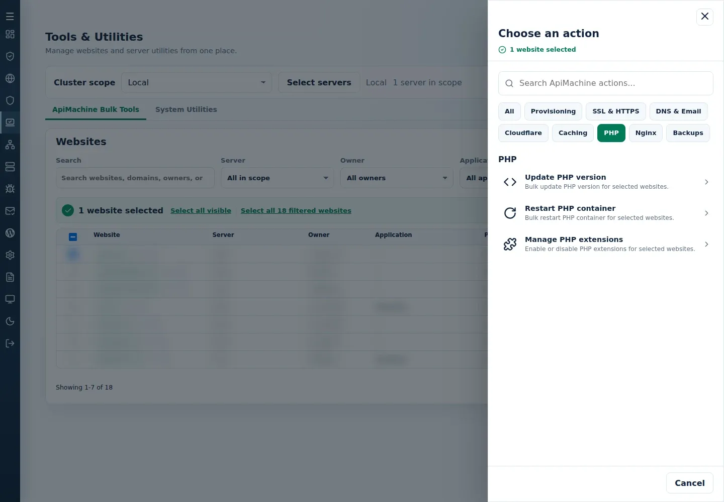 PHP action menu showing Restart PHP container.