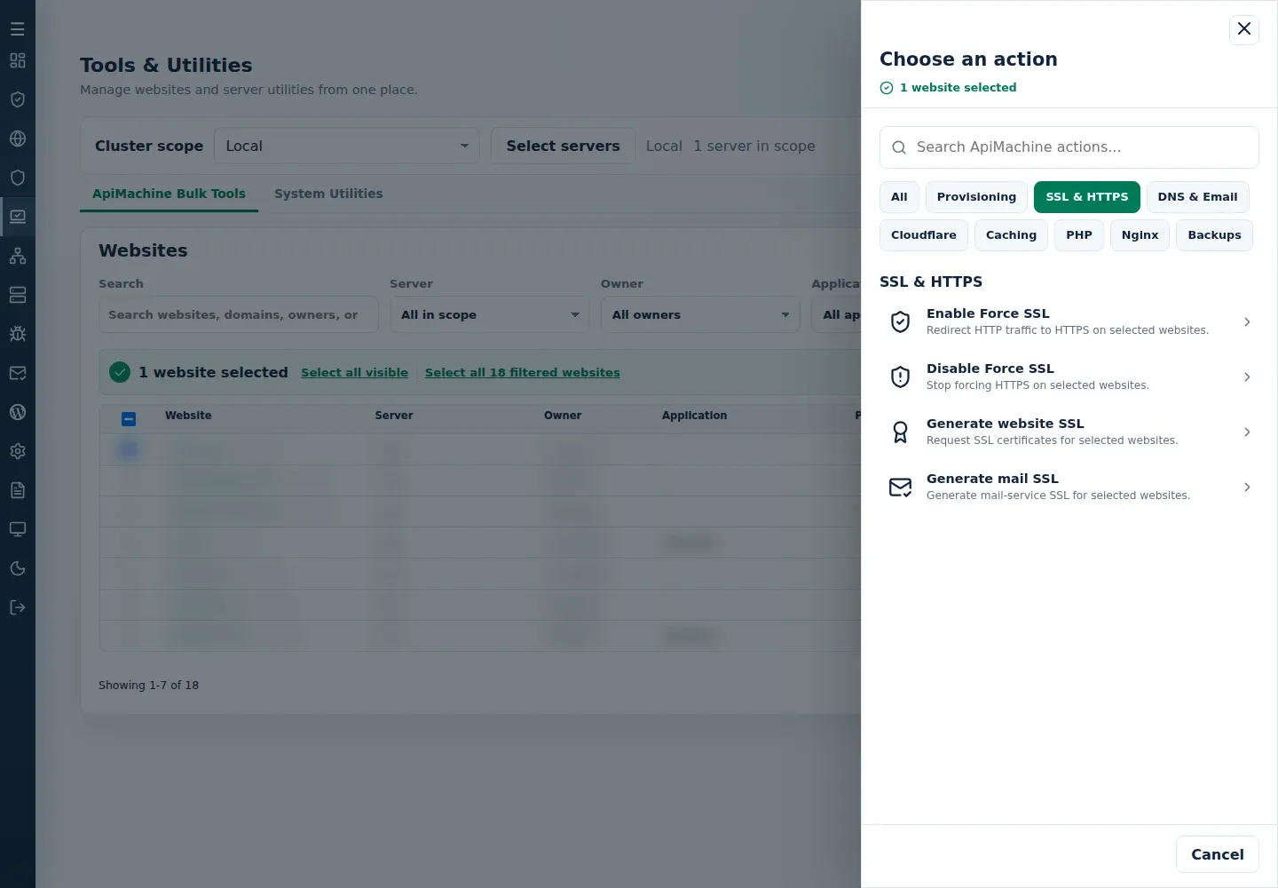 SSL and HTTPS action menu showing Enable Force SSL and Disable Force SSL.