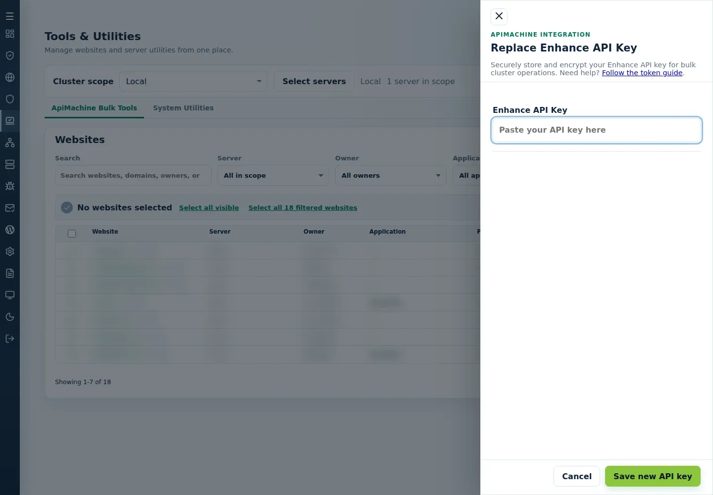 Replace Enhance API Key form with an empty Enhance API Key field and Save new API key button.
