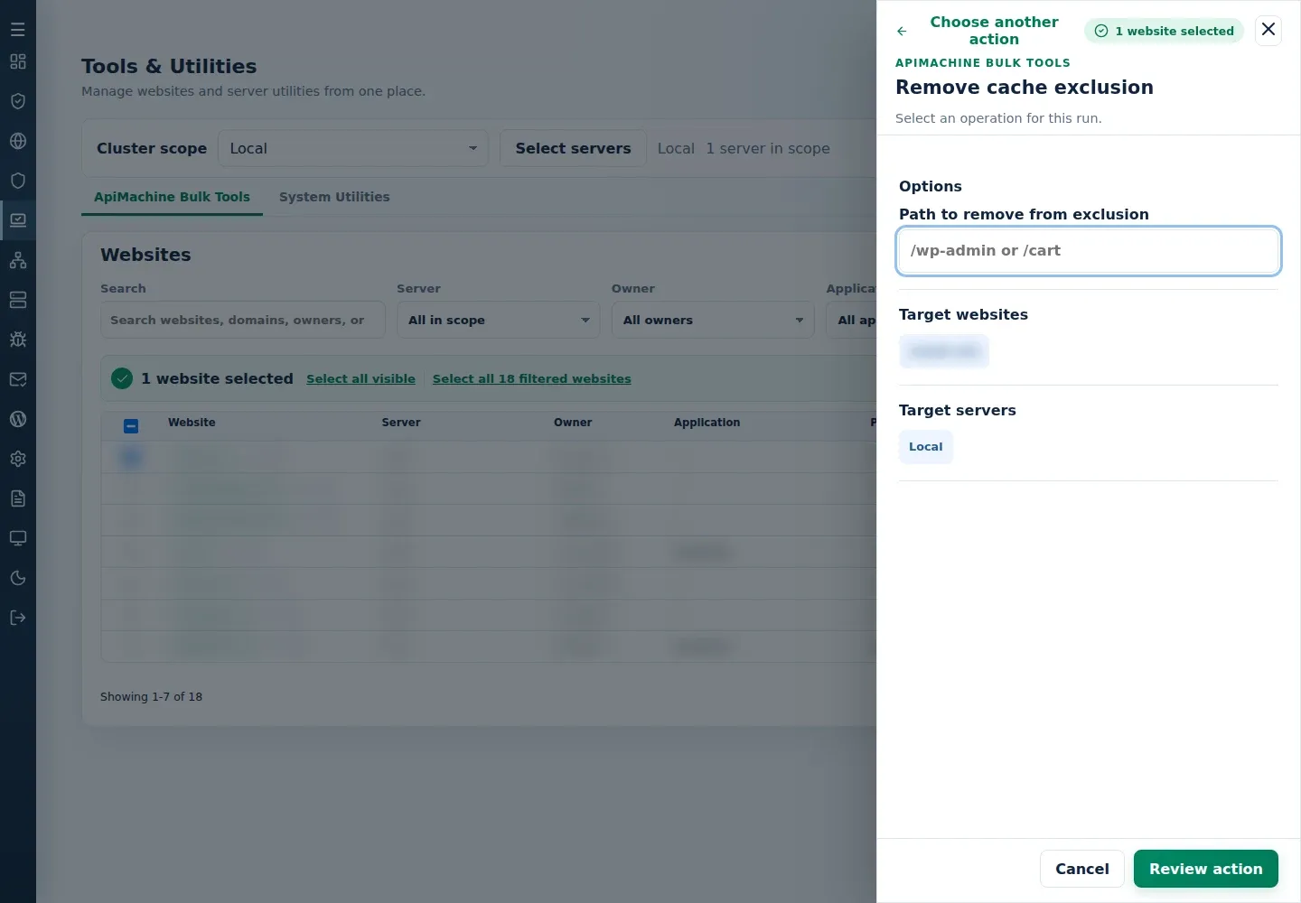 Remove cache exclusion form showing Path to remove from exclusion and target websites and servers.