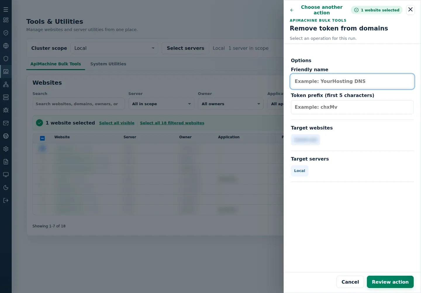 Remove token from domains form showing Friendly name, Token prefix and target sections.