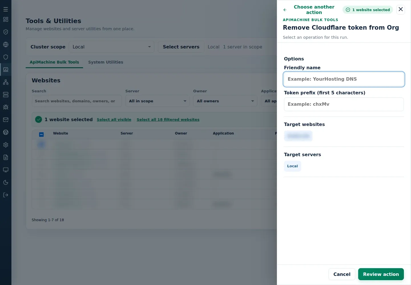 Remove Cloudflare token from Org form showing Friendly name, Token prefix and target sections.