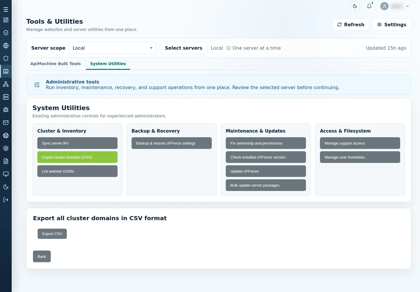 Export cluster domains submenu showing Export all cluster domains in CSV format and Export CSV.