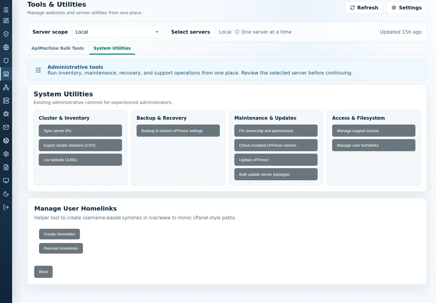 Manage User Homelinks submenu showing Create Homelinks and Remove Homelinks.