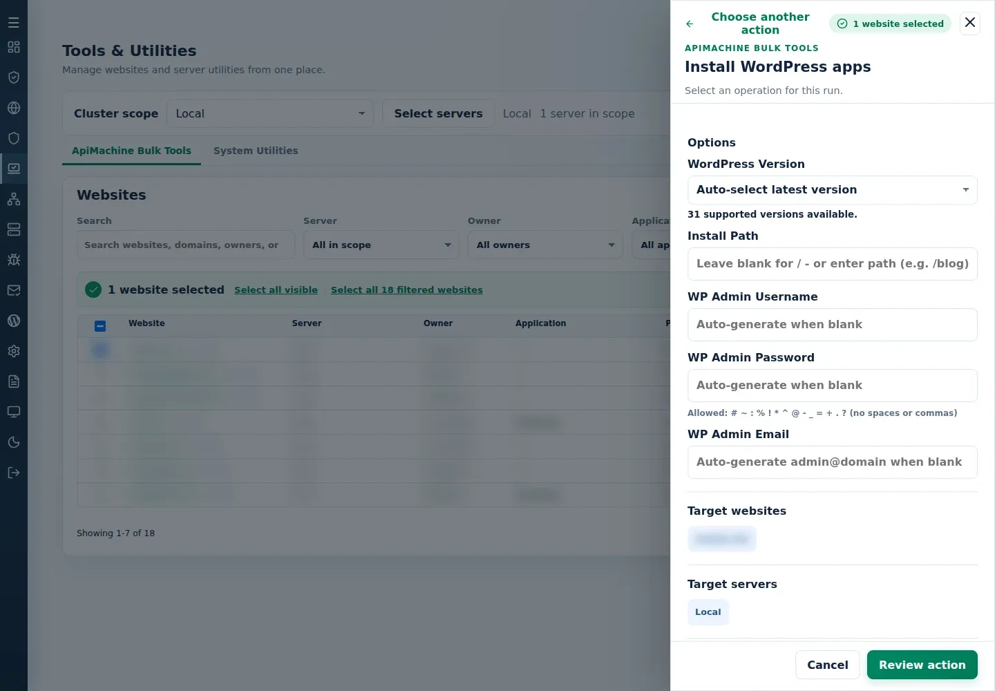Install WordPress apps form showing version, path, administrator fields and target sections.