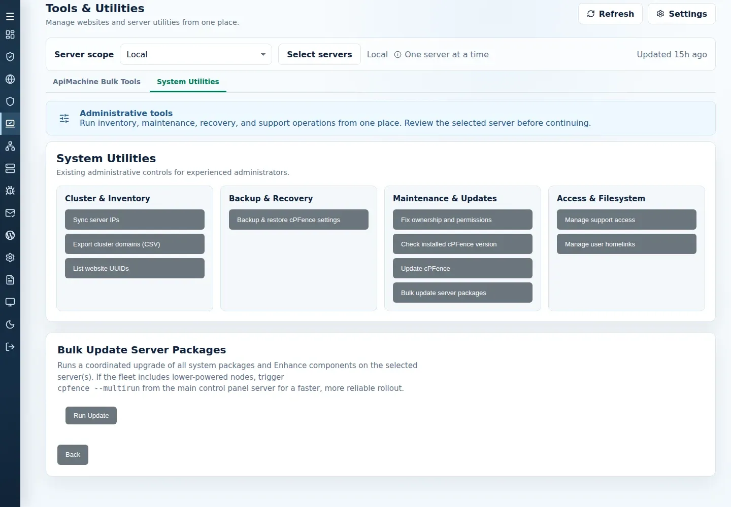 Bulk Update Server Packages submenu with Run Update and selected server scope.