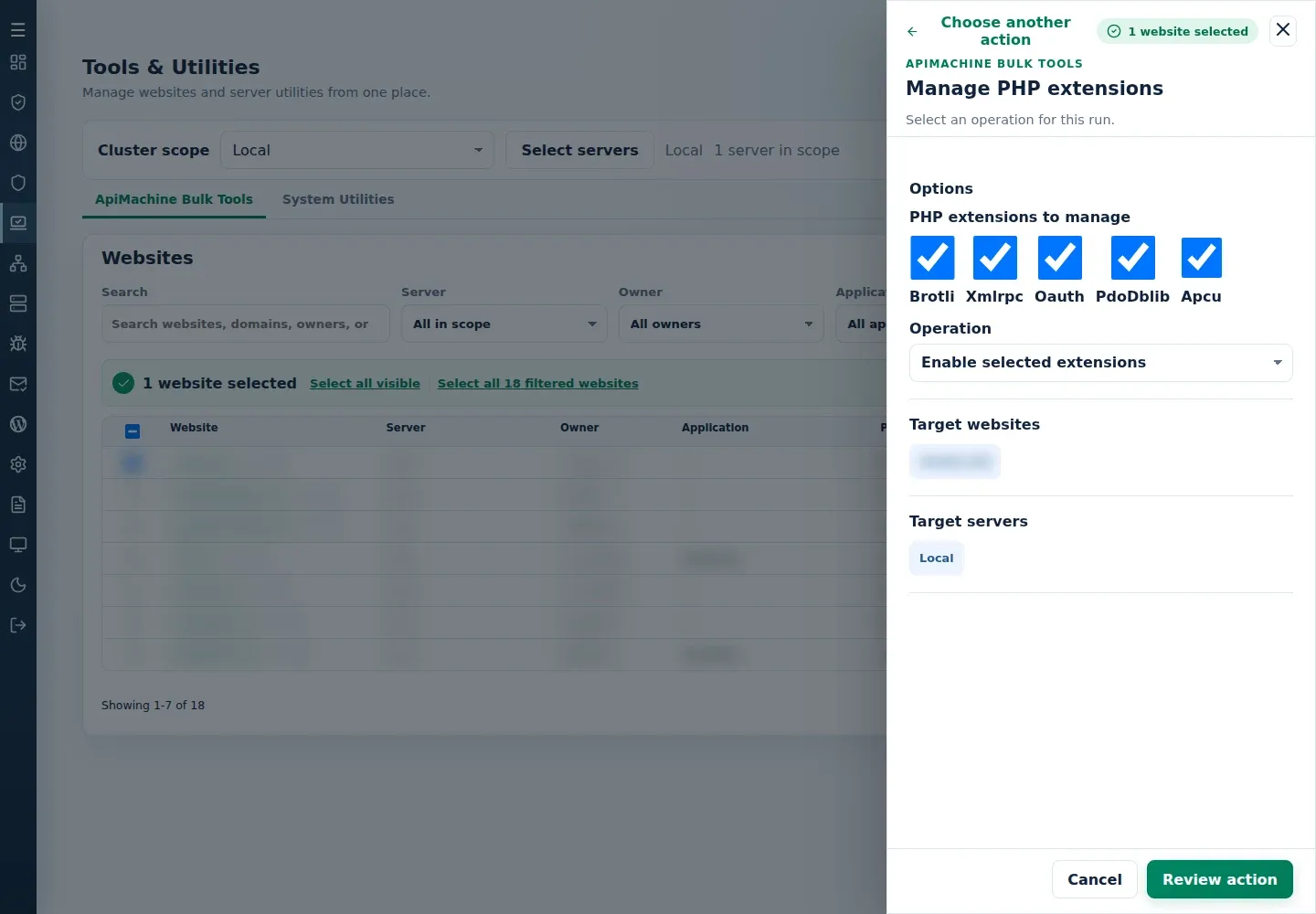 Manage PHP extensions form showing extension checkboxes, Operation and target sections.