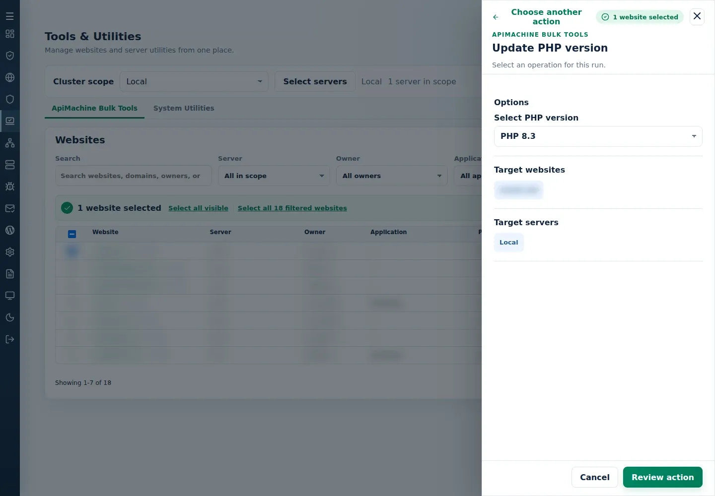 Update PHP version form showing Select PHP version and website and server target sections.