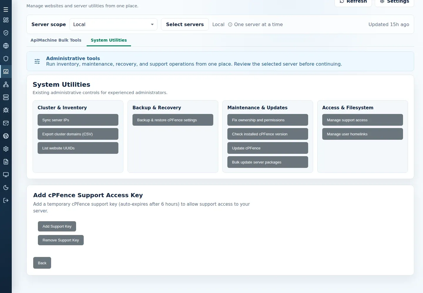 Support access submenu with Add Support Key, Remove Support Key and the six-hour expiry notice.