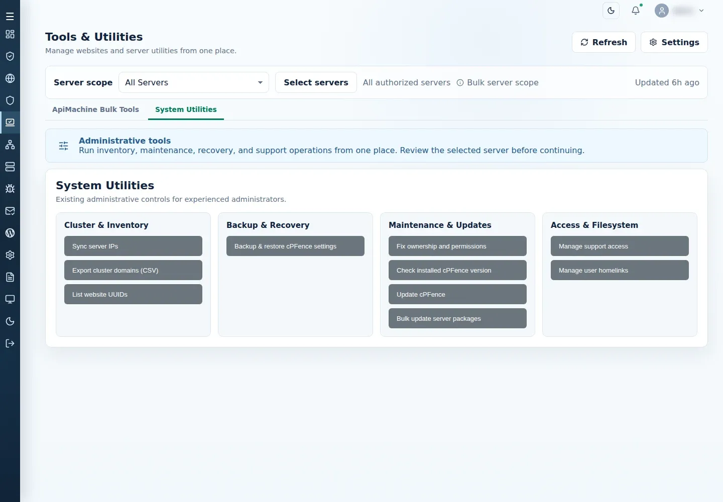 Tools and Utilities with System Utilities selected and the server-scope selector above its action groups.